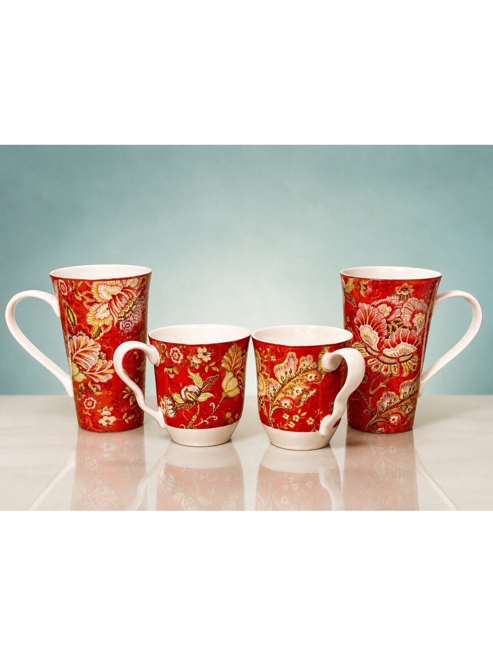 222 Fifth 2010s Set Of 4 Latte Coffee Mugs Gabrielle Red Floral Fine China